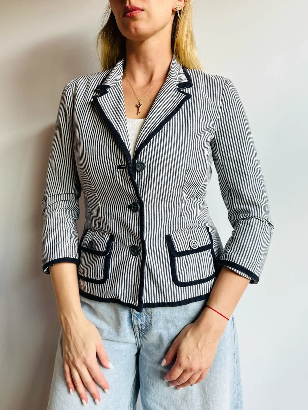 Vintage Tory Burch Seersucker Stripe Linen Cotton Blazer Jacket Navy Preppy